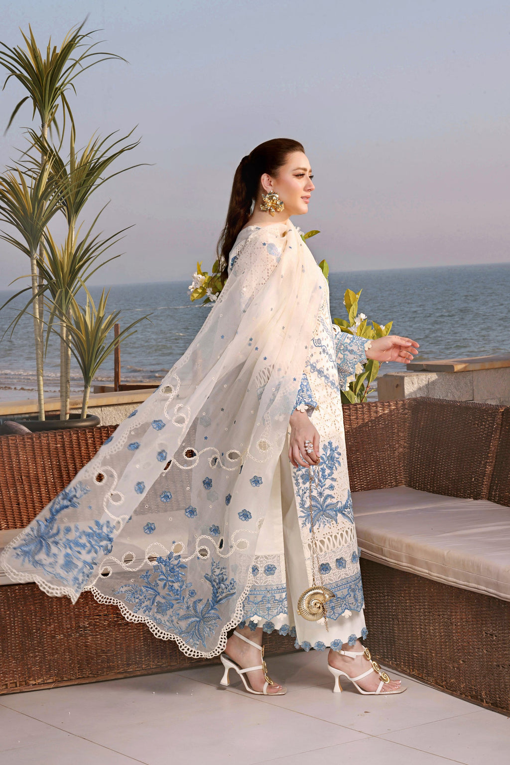 ANEELAS-3PC LAWN EMBROIDERED SHIRT WITH KHAADI NET EMBROIDERED DUPATTA AND TROUSER