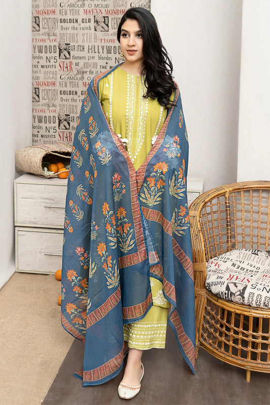 URGE 3-PIECE LAWN EMBROIDERED DRESS WITH PRINTED VOIL DUPATTA & EMBROIDERED TROUSER