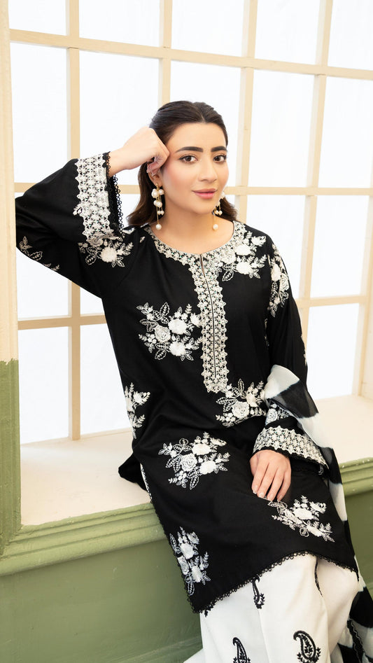 ZARA SHAHJAHAN-3PC LAWN EMBROIDERED SHIRT WITH MONARK PRINTED DUPATTA AND EMB TROUSER
