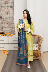 Urge-3pc Dhanak Embroidered Shirt Embroidered Sleeves Coutrai Print Shawl Embroidered Trousers RGP-39