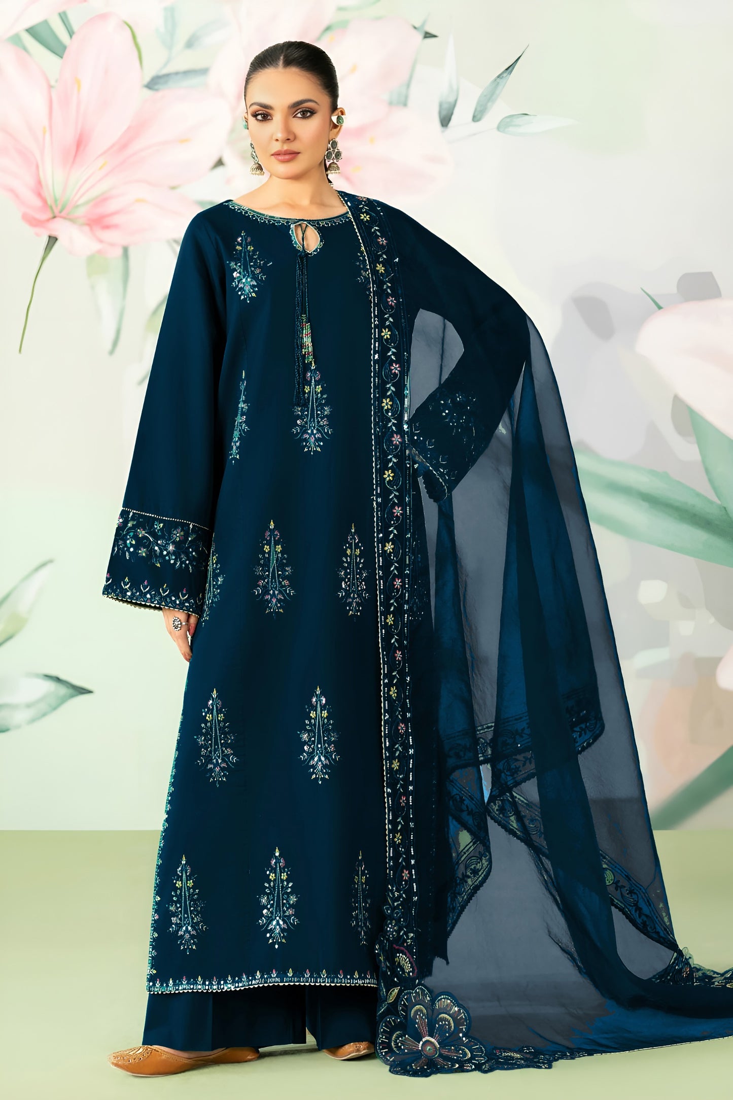 ETHNC-3PC LAWN SEQUIN EMBROIDERED SHIRT WITH ORGANZA EMBROIDERED DUPATTA AND TROUSER