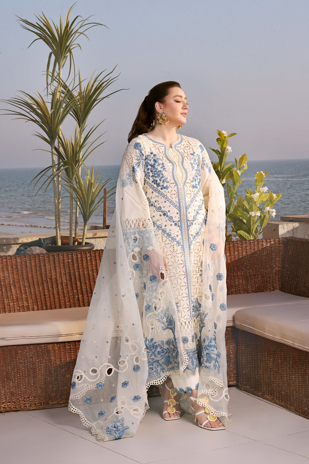 ANEELAS-3PC LAWN EMBROIDERED SHIRT WITH KHAADI NET EMBROIDERED DUPATTA AND TROUSER