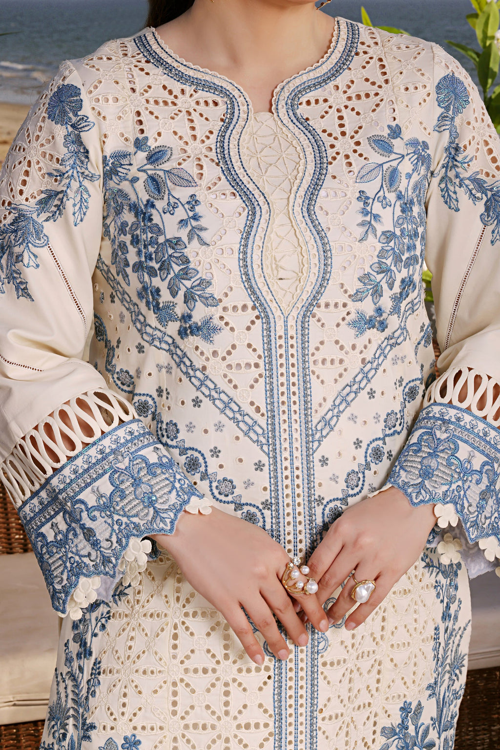 ANEELAS-3PC LAWN EMBROIDERED SHIRT WITH KHAADI NET EMBROIDERED DUPATTA AND TROUSER