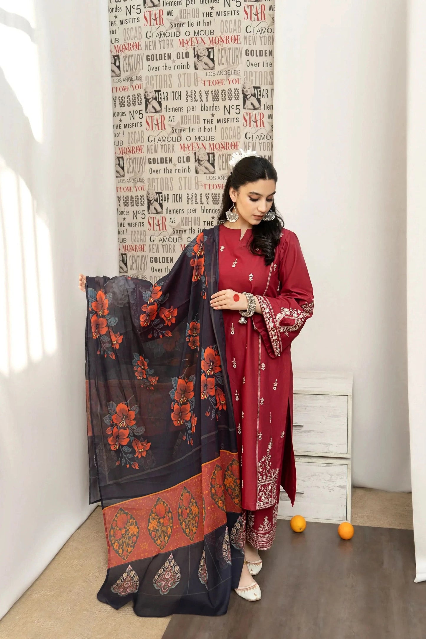 KHAADI 3-PIECE LAWN EMBROIDERED DRESS WITH PRINTED VOIL DUPATTA & EMBROIDERED TROUSER