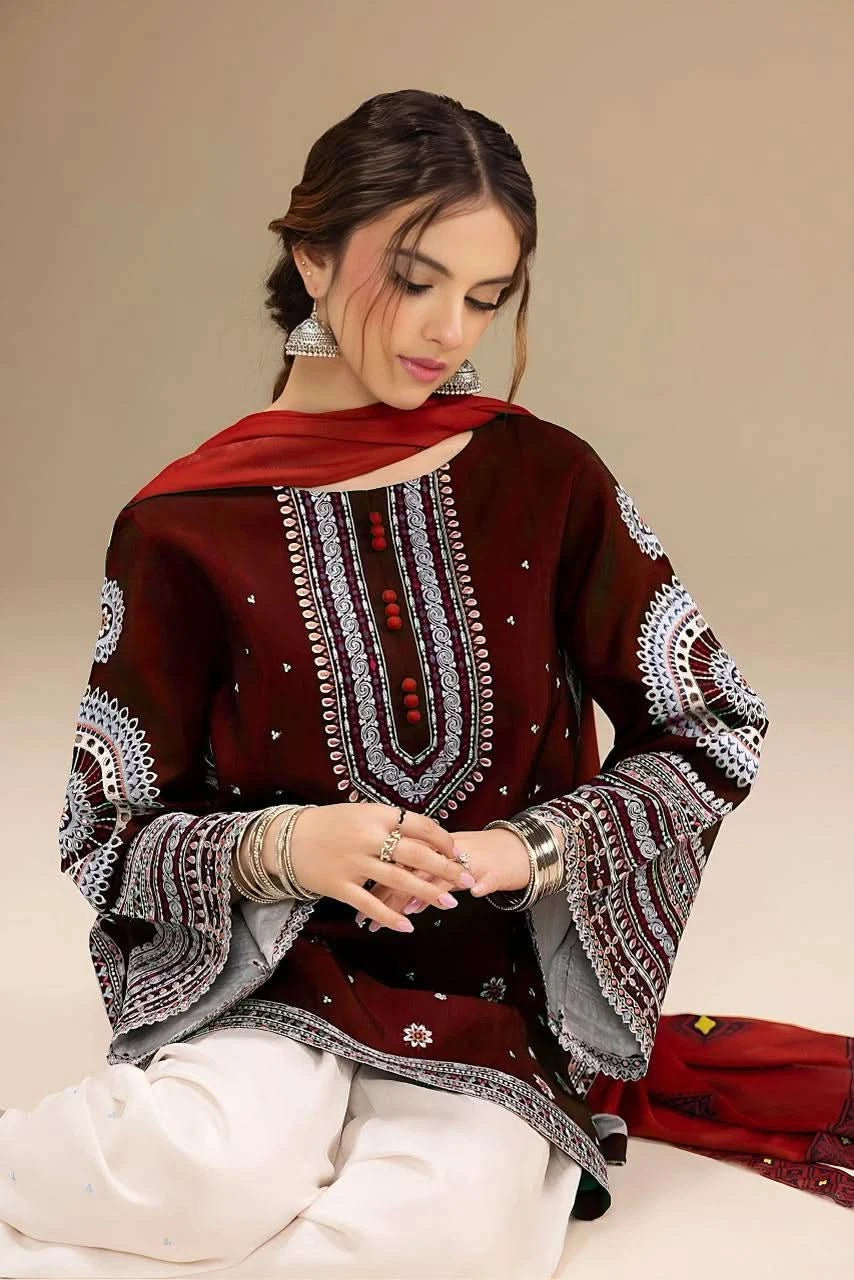 JAZMIN 3-PIECE LAWN EMBROIDERED DRESS WITH PRINTED VOIL DUPATTA & EMBROIDERED TROUSER