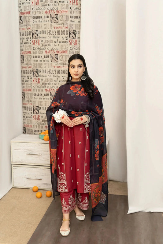 KHAADI 3-PIECE LAWN EMBROIDERED DRESS WITH PRINTED VOIL DUPATTA & EMBROIDERED TROUSER