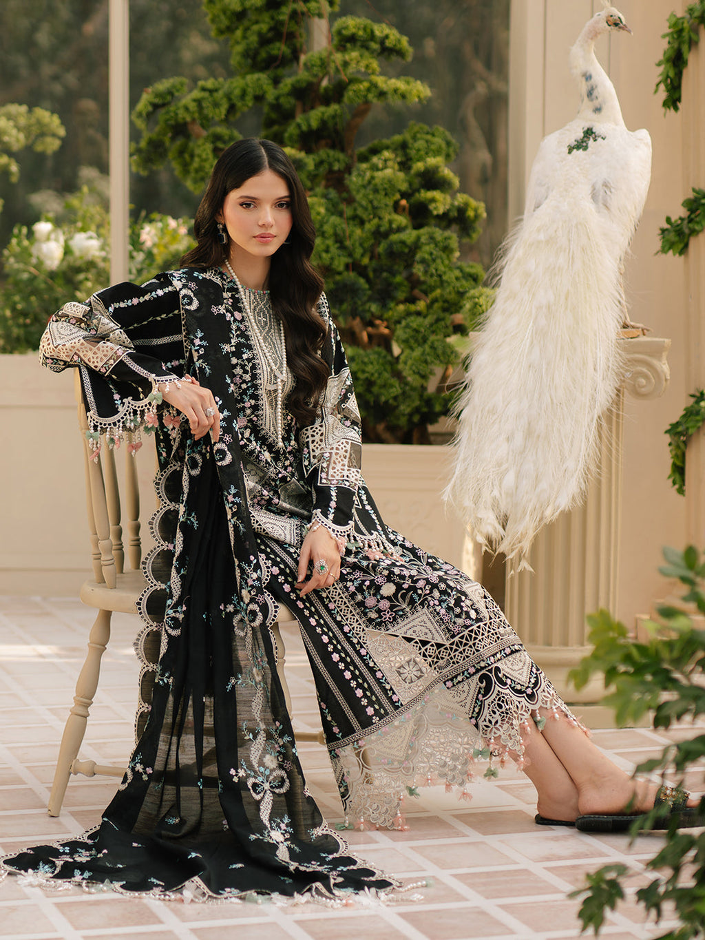 BIN ILYAS 3-PIECE HEAVY EMBROIDERED LAWN DRESS WITH CHIFFON EMBROIDERED DUPATTA & TROUSER