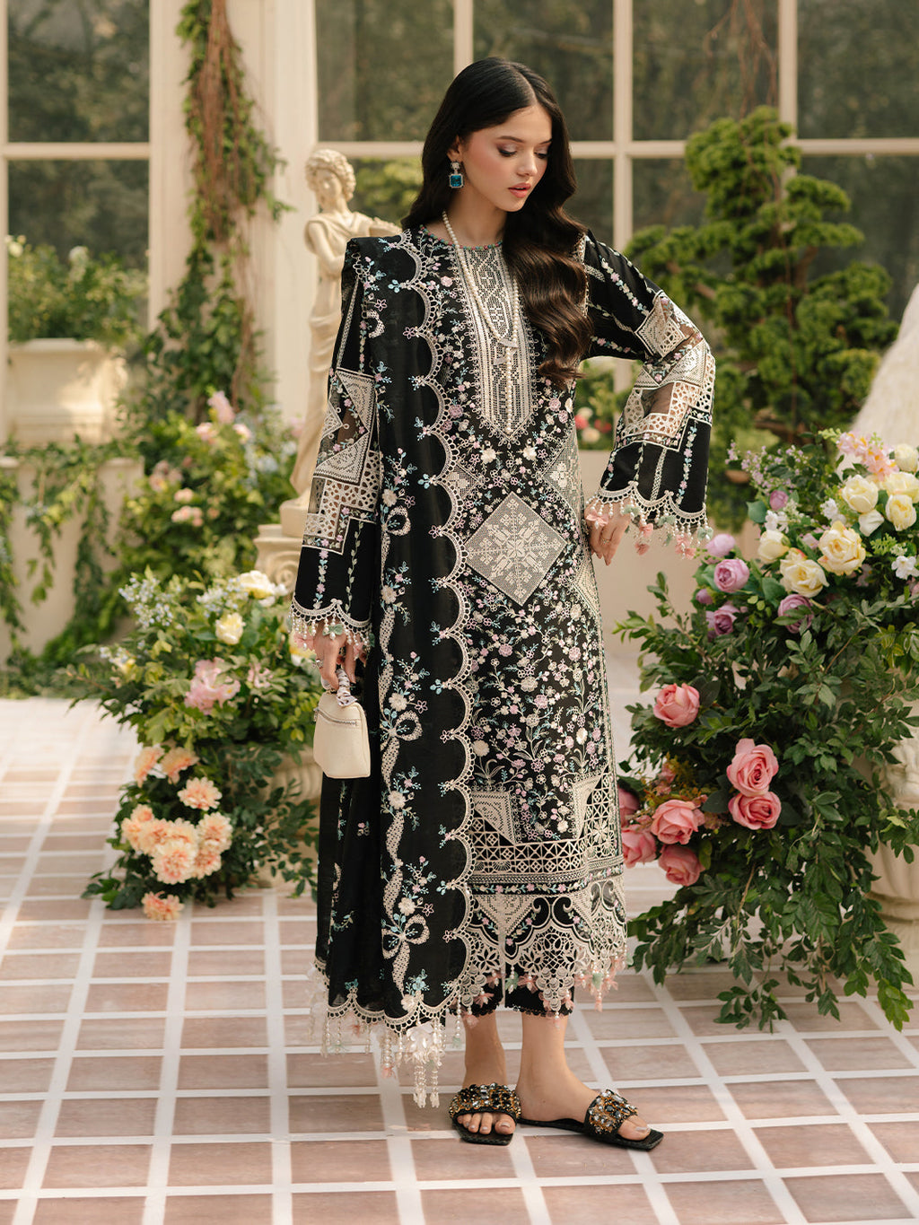 BIN ILYAS 3-PIECE HEAVY EMBROIDERED LAWN DRESS WITH CHIFFON EMBROIDERED DUPATTA & TROUSER