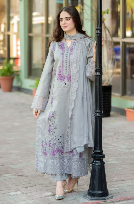 LAAM 3-PIECE LAWN CHIKENKARI EMBROIDERED SUIT WITH EMBROIDERED DUPATTA & TROUSER
