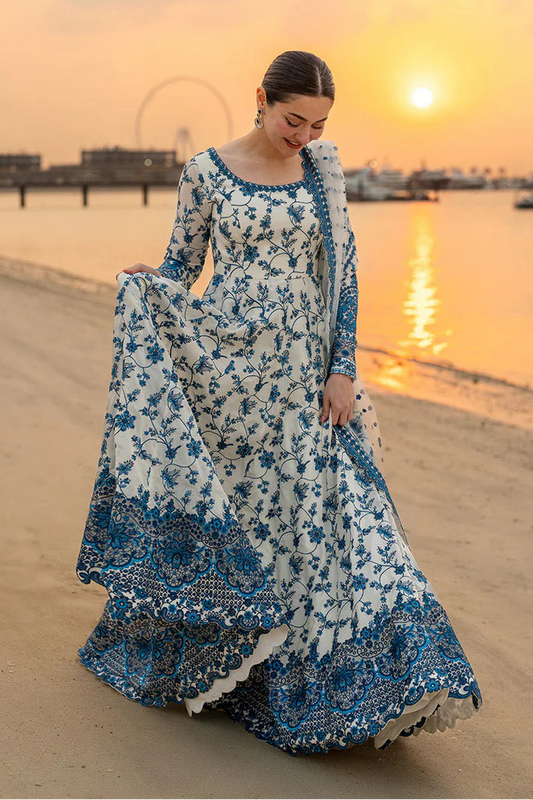 FAIZA SAQLAIN-FROCK 3PC LAWN EMBROIDERED SHIRT WITH NET EMBROIDERED DUPATTA AND TROUSER