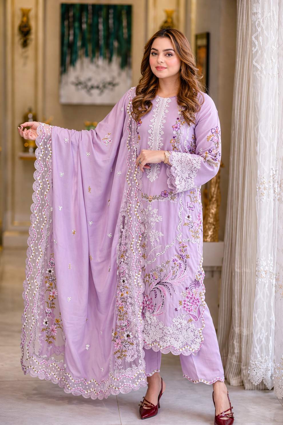 ANEELAS 3-PIECE LAWN CHIKAN EMBROIDERED DRESS WITH EMBROIDERED DUPATTA & TROUSER