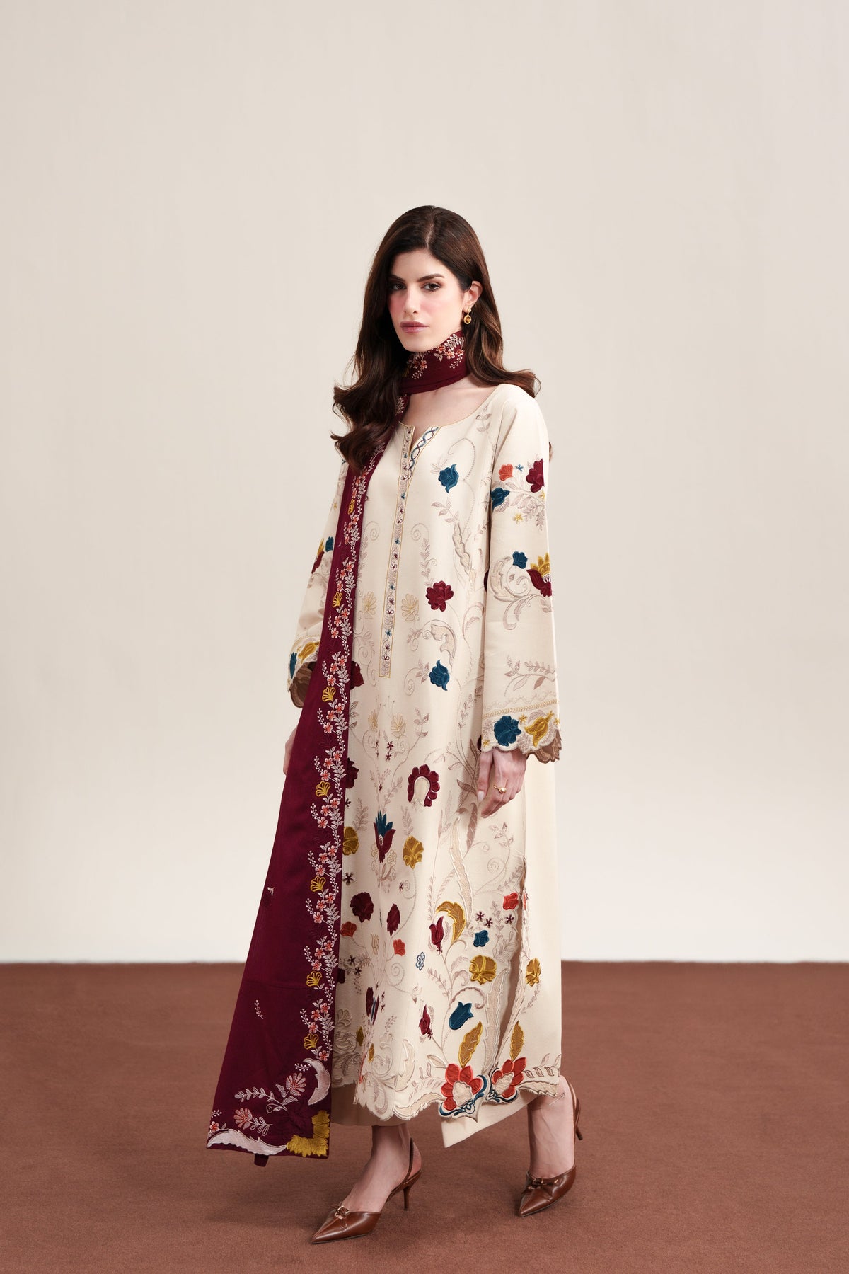 ZAIB PREMIUM WINTER EMBROIDERED 3 PC SUIT WITH EMBROIDERED SHAWL