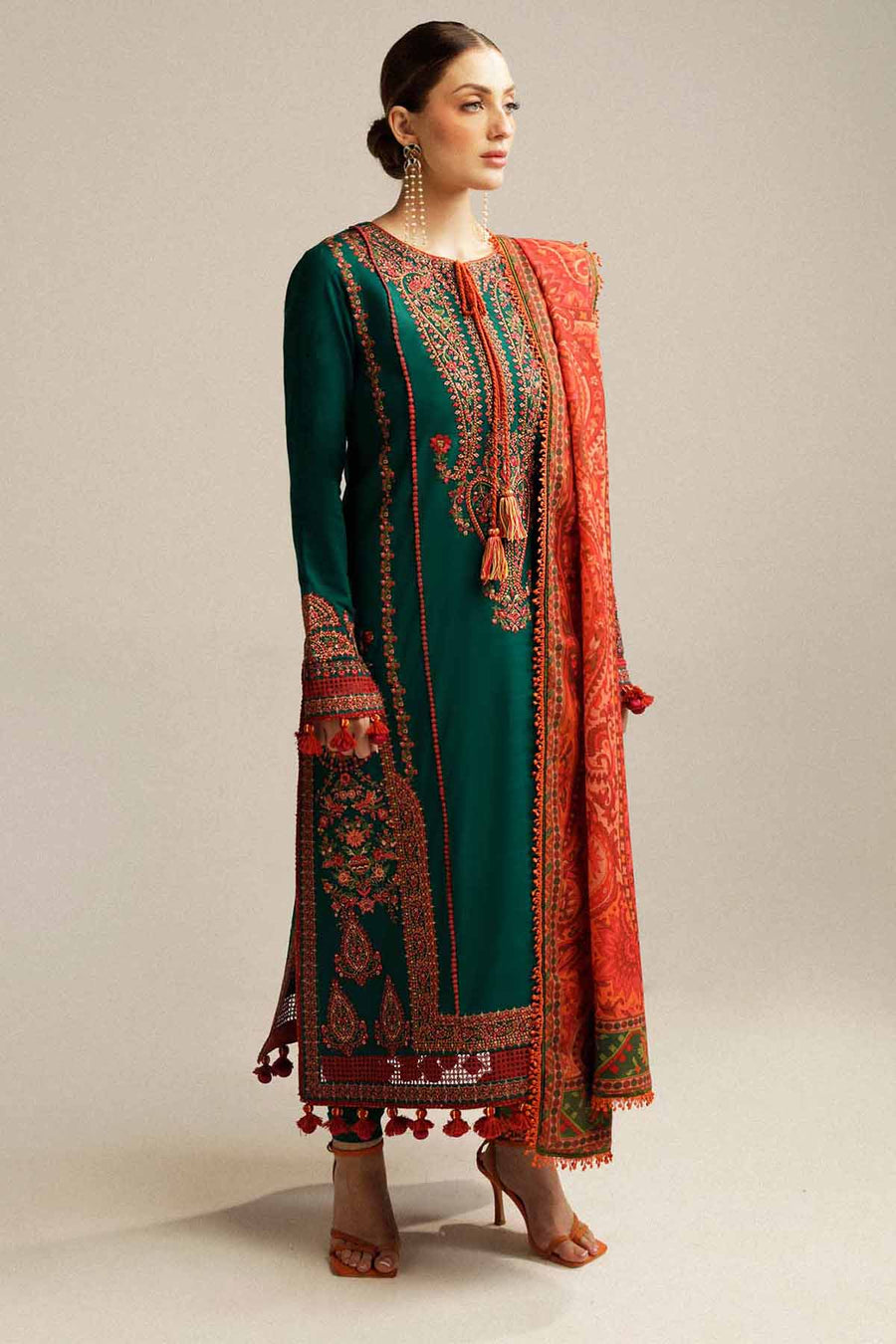 HUSSAIN REHAR 3-PIECE LAWN HEAVY EMBROIDERED DRESS WITH PRINTED VOIL DUPATTA & EMBROIDERED TROUSER
