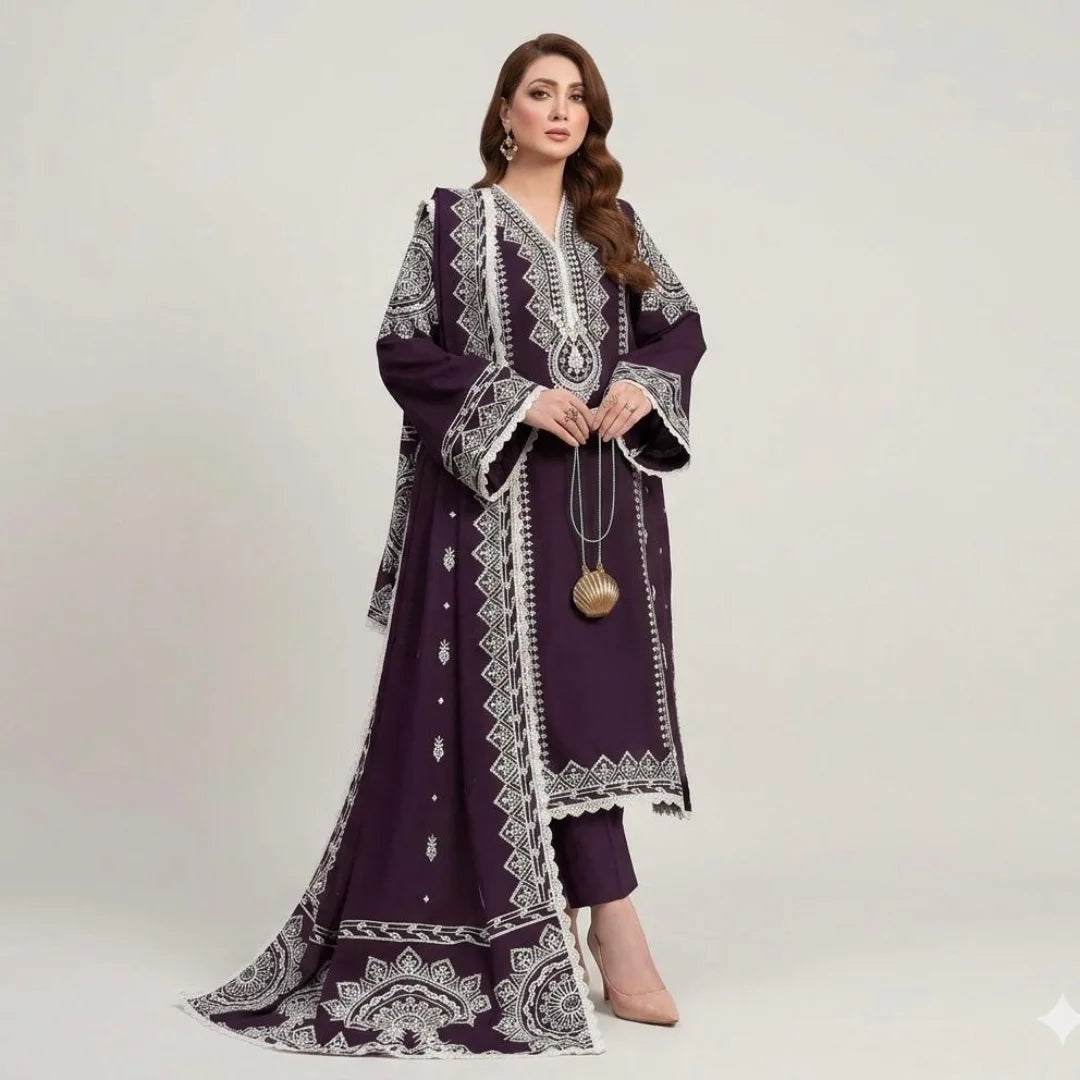 ANEELA's 3-PIECE LAWN EMBROIDERED SUIT WITH PRINTED MONARK DUPATTA & TROUSER