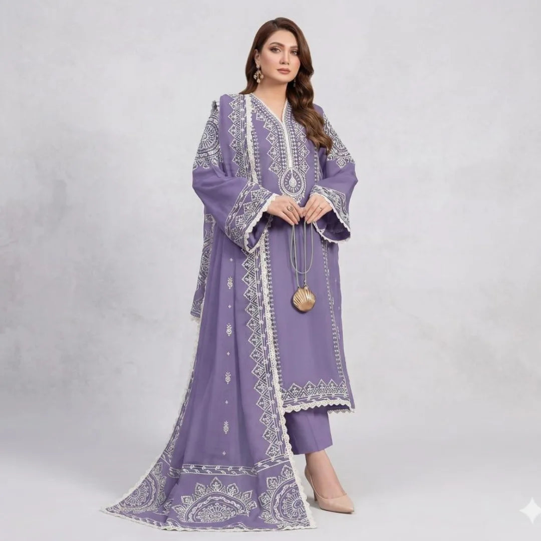ANEELA's 3-PIECE LAWN EMBROIDERED SUIT WITH PRINTED MONARK DUPATTA & TROUSER
