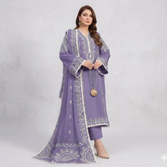 ANEELA's 3-PIECE LAWN EMBROIDERED SUIT WITH PRINTED MONARK DUPATTA & TROUSER