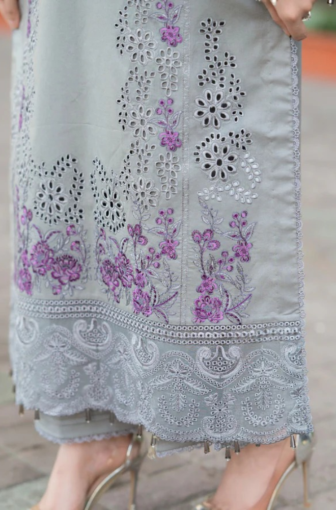 LAAM 3-PIECE LAWN CHIKENKARI EMBROIDERED SUIT WITH EMBROIDERED DUPATTA & TROUSER
