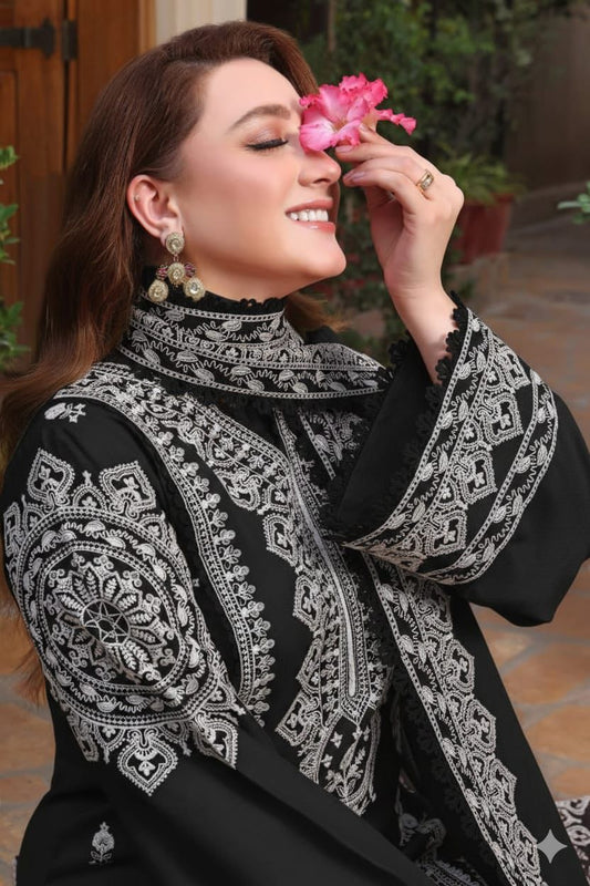 ANEELA's 3-PIECE LAWN EMBROIDERED SUIT WITH PRINTED MONARK DUPATTA & TROUSER