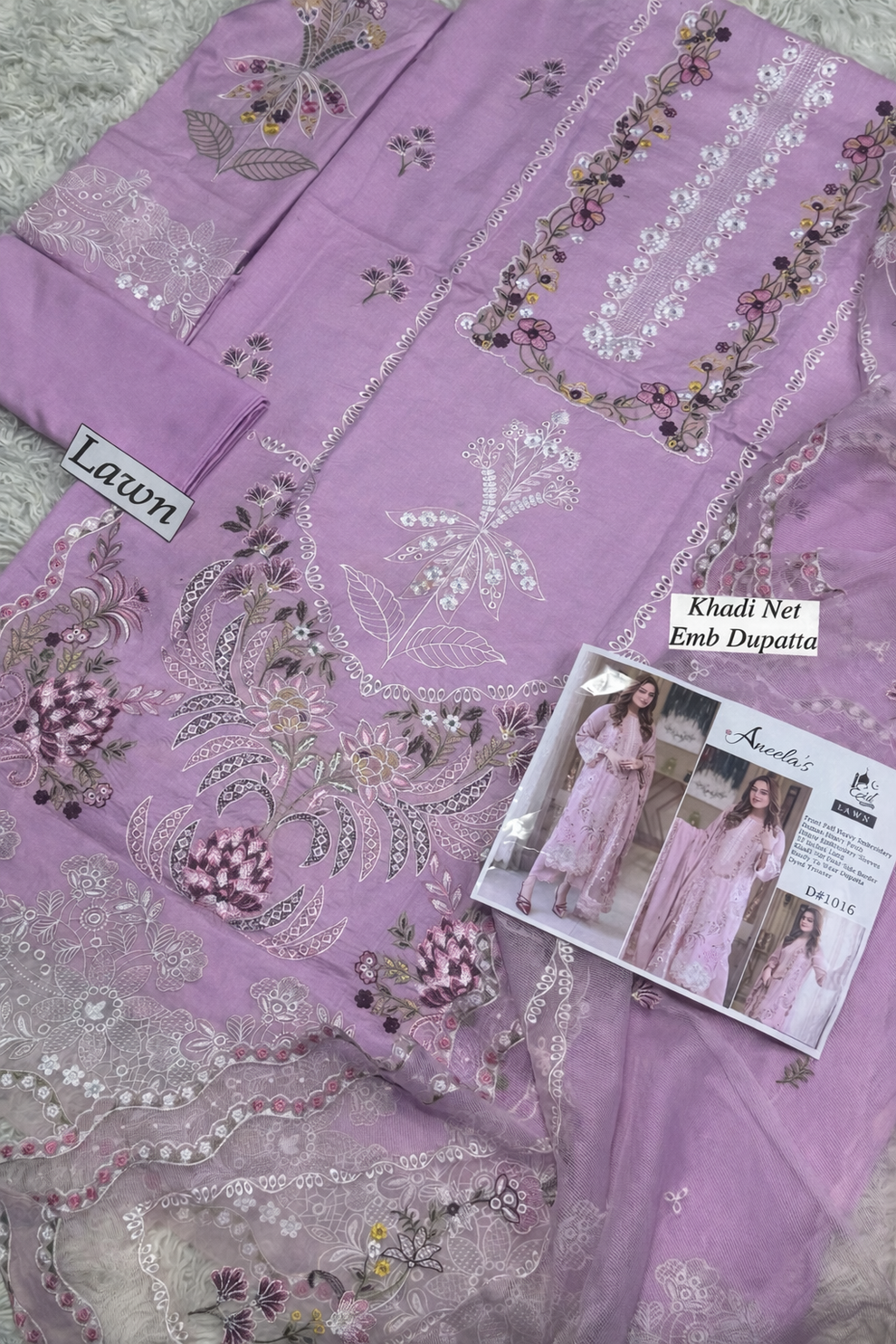 ANEELAS 3-PIECE LAWN CHIKAN EMBROIDERED DRESS WITH EMBROIDERED DUPATTA & TROUSER