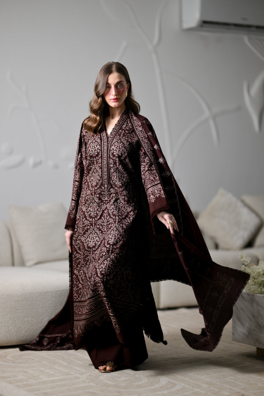 ZAIB-3PC KARANDI EMBROIDERED SHIRT WITH KARANDI EMBROIDERED SHAWL AND TROUSER