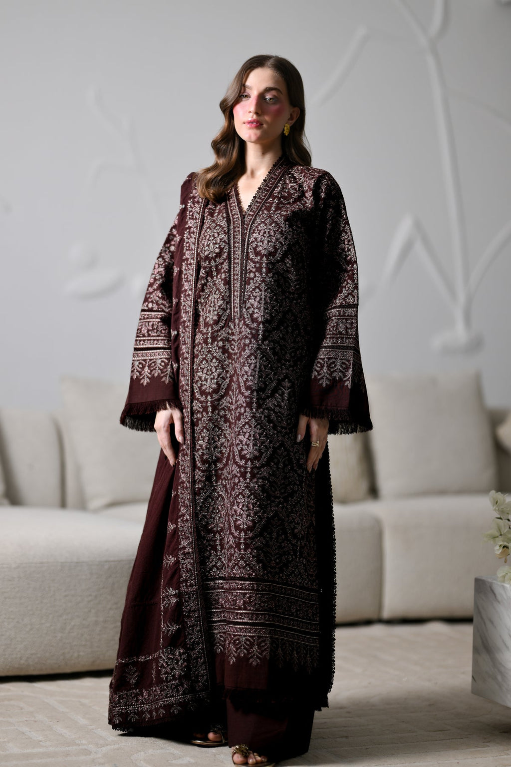 ZAIB-3PC KARANDI EMBROIDERED SHIRT WITH KARANDI EMBROIDERED SHAWL AND TROUSER