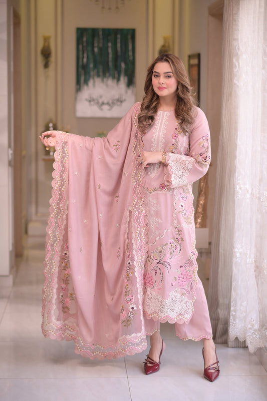 ANEELAS 3-PIECE LAWN CHIKAN EMBROIDERED DRESS WITH EMBROIDERED DUPATTA & TROUSER