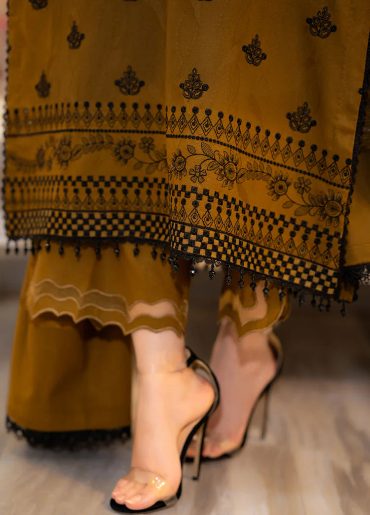LIBAAS-3PC DHANAK EMBROIDERED SHIRT WITH DHANAK EMBROIDERED SHAWL & EMB TROUSER