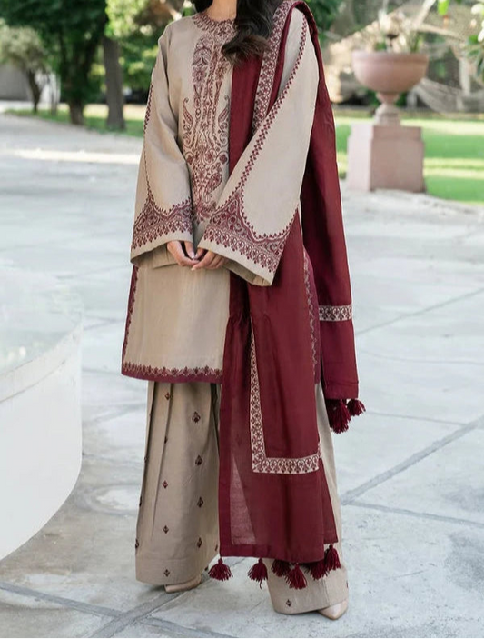 BAROQUE 3-PIECE LAWN EMBROIDERED DRESS WITH EMBROIDERED DUPATTA & TROUSER