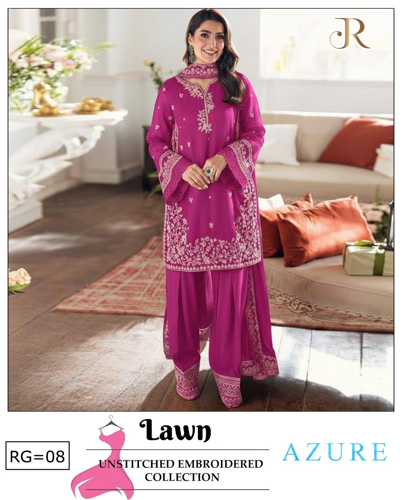 AZURE 3-PIECE LAWN EMBROIDERED DRESS WITH EMBROIDERED DUPATTA & TROUSER