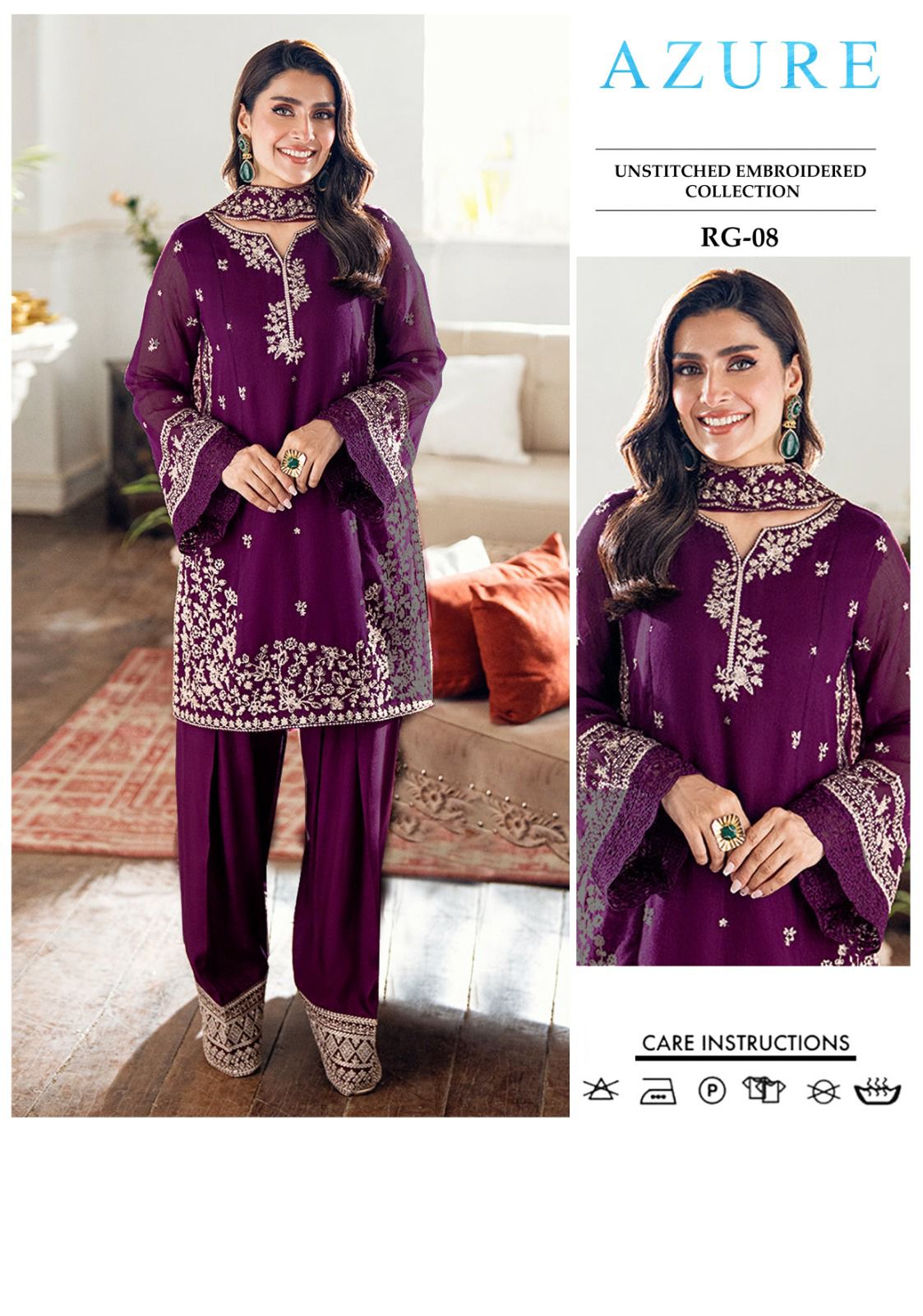 AZURE 3-PIECE LAWN EMBROIDERED DRESS WITH EMBROIDERED DUPATTA & TROUSER