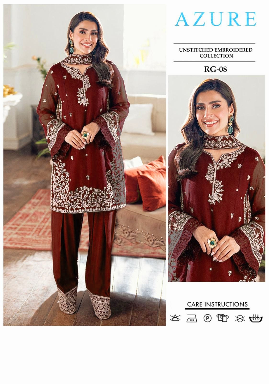 AZURE 3-PIECE LAWN EMBROIDERED DRESS WITH EMBROIDERED DUPATTA & TROUSER