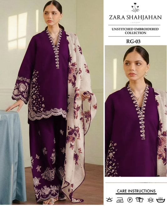 ZARA SHAHJAHAN 3-PIECE LAWN EMBROIDERED DRESS WITH PRINTED VOIL DUPATTA & TROUSER