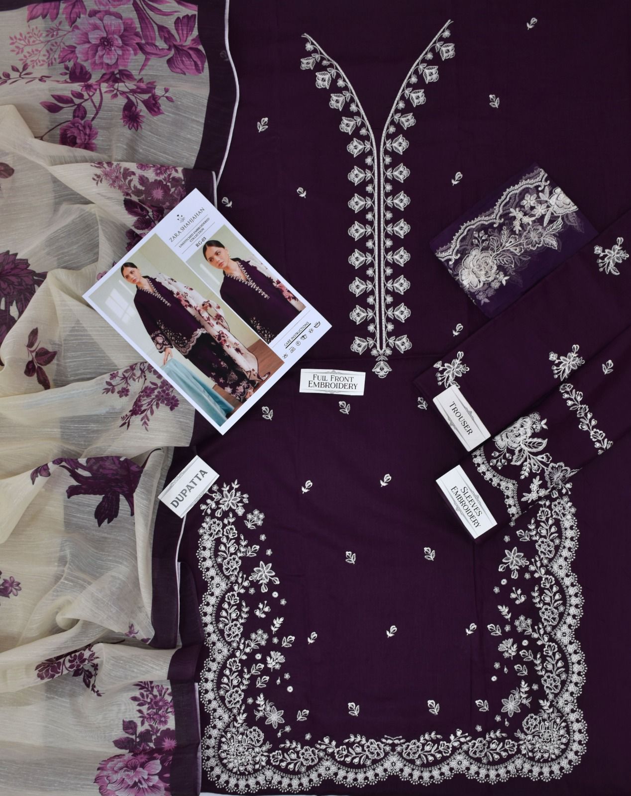 ZARA SHAHJAHAN 3-PIECE LAWN EMBROIDERED DRESS WITH PRINTED VOIL DUPATTA & TROUSER