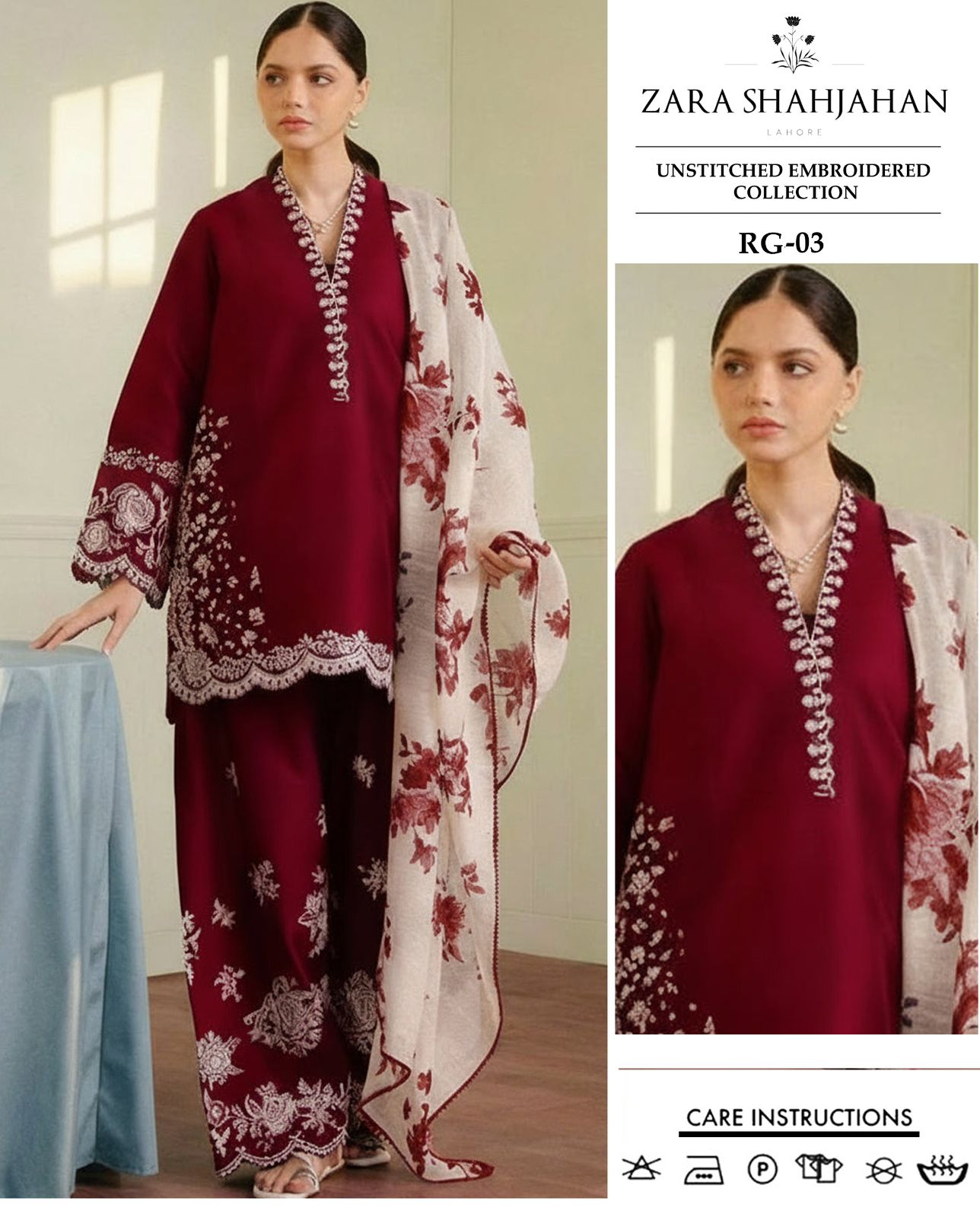 ZARA SHAHJAHAN 3-PIECE LAWN EMBROIDERED DRESS WITH PRINTED VOIL DUPATTA & TROUSER