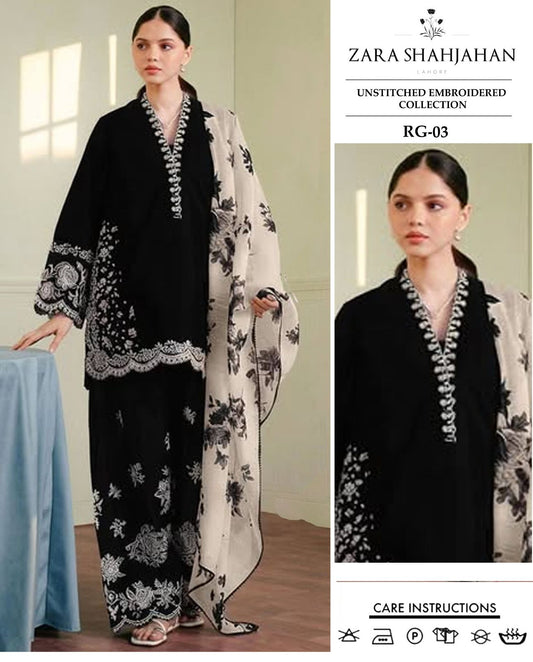 ZARA SHAHJAHAN 3-PIECE LAWN EMBROIDERED DRESS WITH PRINTED VOIL DUPATTA & TROUSER
