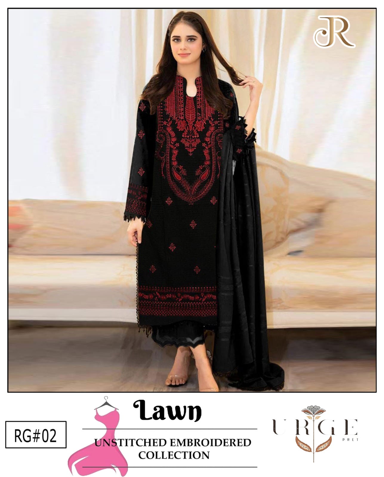 URGE 3-PIECE LAWN EMBROIDERED DRESS WITH EMBROIDERED DUPATTA & TROUSER