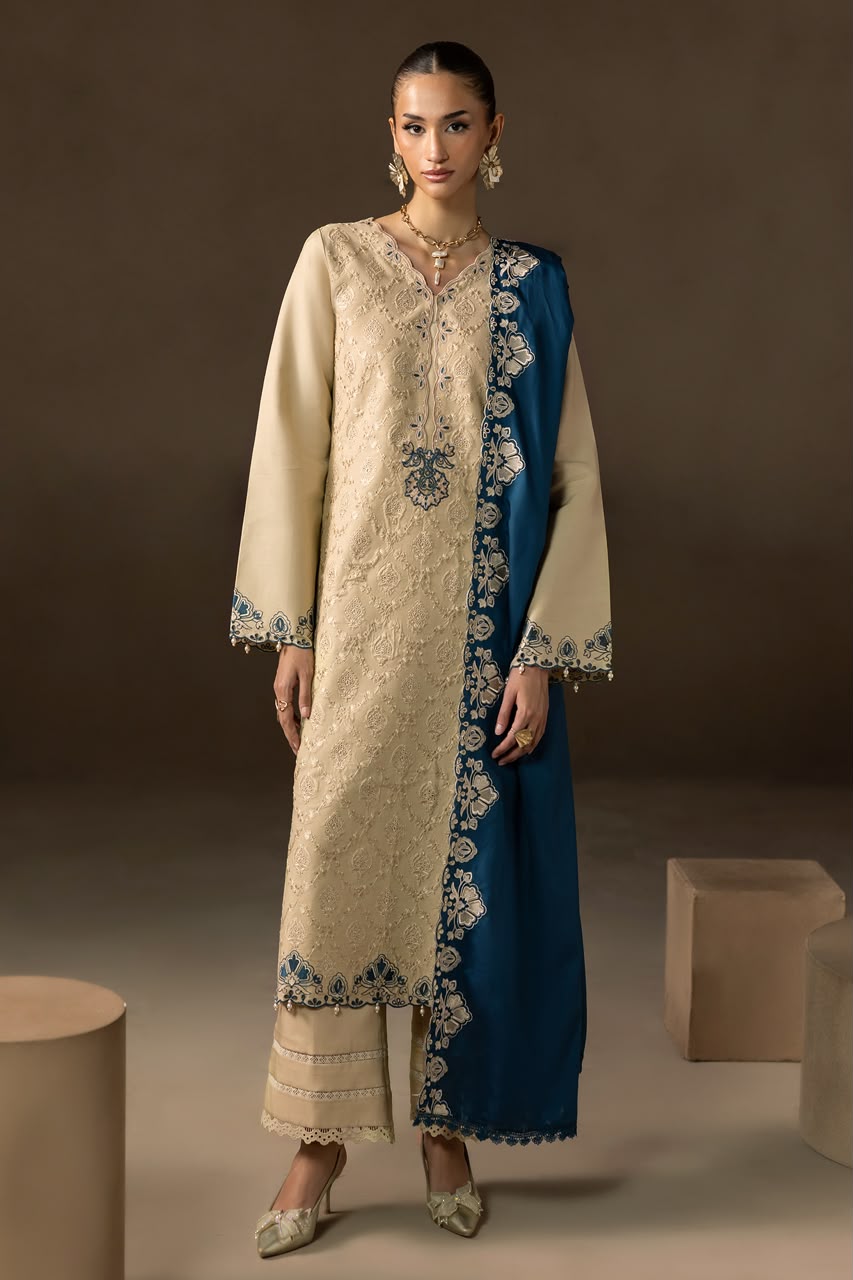 LAAM-3PC DHANAK EMBROIDERED SHIRT WITH DHANAK EMBROIDERED DUPATTA AND TROUSER
