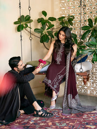 IZAL-3PC DHANAK EMBROIDERED SHIRT WITH COTRAI PRINTED DUPATTA AND TROUSER