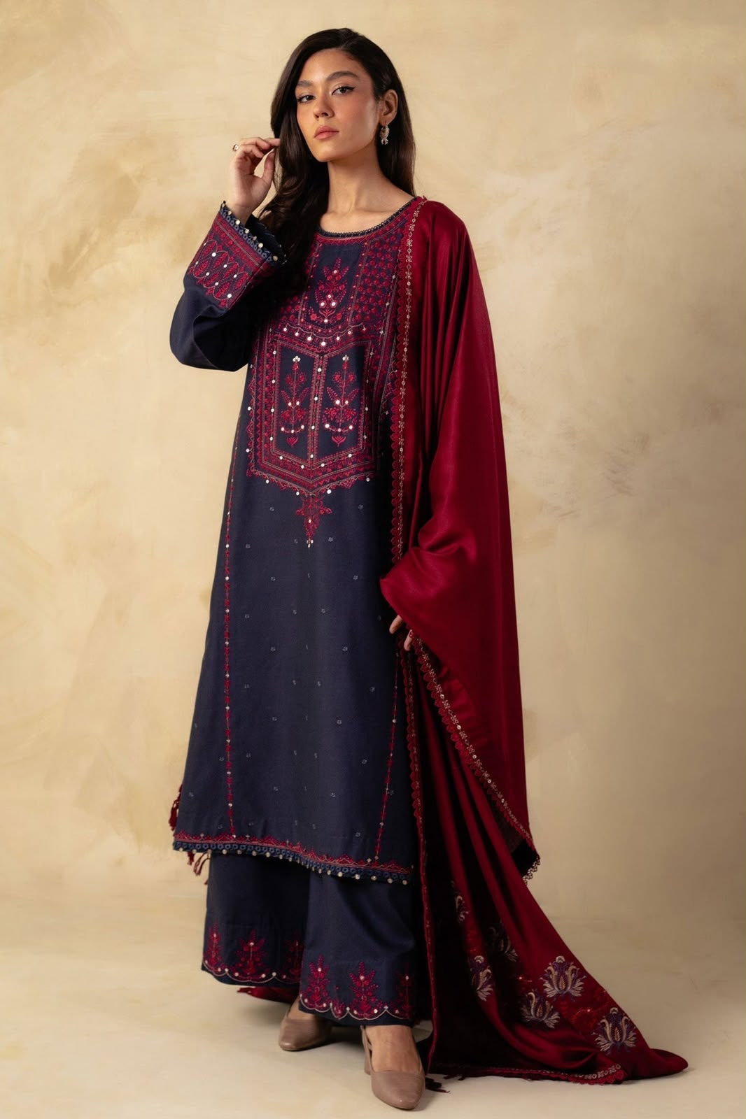 Zara Shahjahan-3PC DHANAK EMBROIDERED SHIRT WITH DHANAK EMBROIDERED DUPATTA AND TROUSER