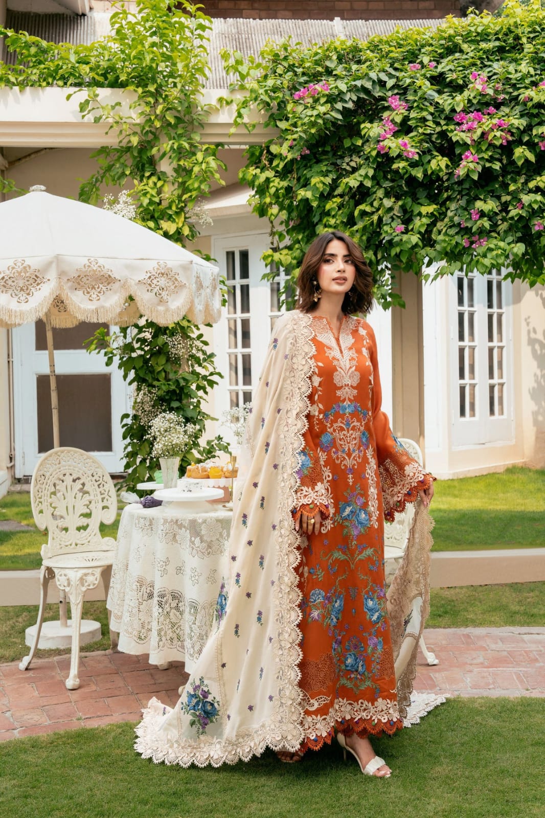 ANEELA's-3PC DHANAK EMBROIDERED SHIRT WITH DHANAK EMBROIDERED SHAWL AND TROUSER