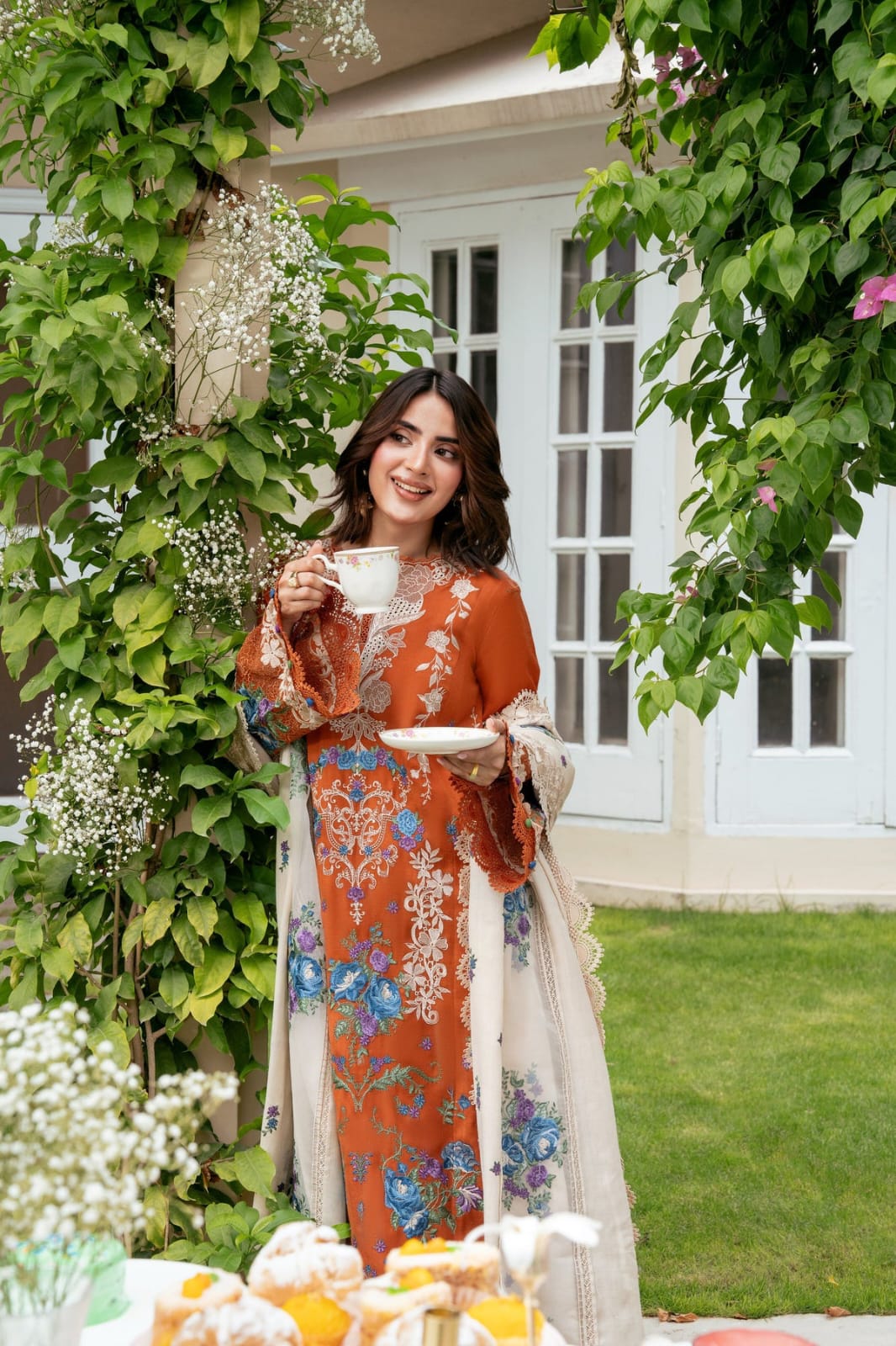 ANEELA's-3PC DHANAK EMBROIDERED SHIRT WITH DHANAK EMBROIDERED SHAWL AND TROUSER