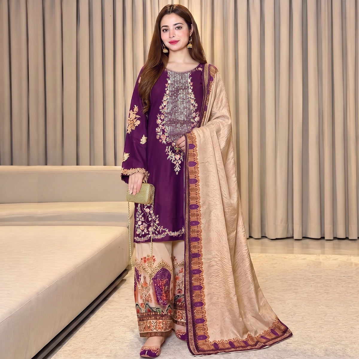 ETHNIC-3PC SILK EMBROIDERED SHIRT WITH  PRINTED SILK TROUSER & DUPATTA (PURPLE)