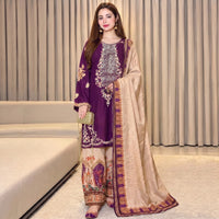 ETHNIC-3PC SILK EMBROIDERED SHIRT WITH  PRINTED SILK TROUSER & DUPATTA (PURPLE)