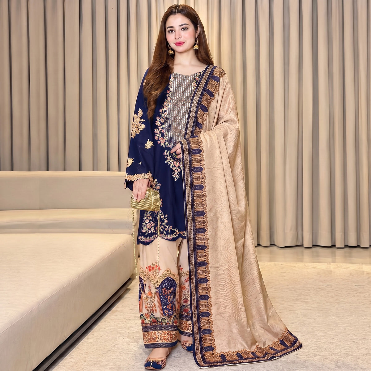 ETHNIC-3PC SILK EMBROIDERED SHIRT WITH  PRINTED SILK TROUSER & DUPATTA (BLUE)