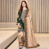 ETHNIC-3PC SILK EMBROIDERED SHIRT WITH  PRINTED SILK TROUSER & DUPATTA (GREEN)