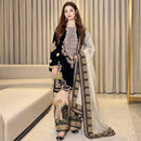 ETHNIC-3PC SILK EMBROIDERED SHIRT WITH  PRINTED SILK TROUSER & DUPATTA (BLACK)