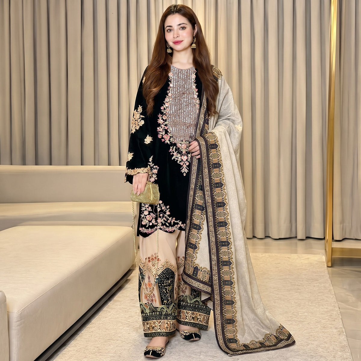 ETHNIC-3PC SILK EMBROIDERED SHIRT WITH  PRINTED SILK TROUSER & DUPATTA (BLACK)