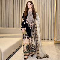 ETHNIC-3PC SILK EMBROIDERED SHIRT WITH  PRINTED SILK TROUSER & DUPATTA (BLACK)