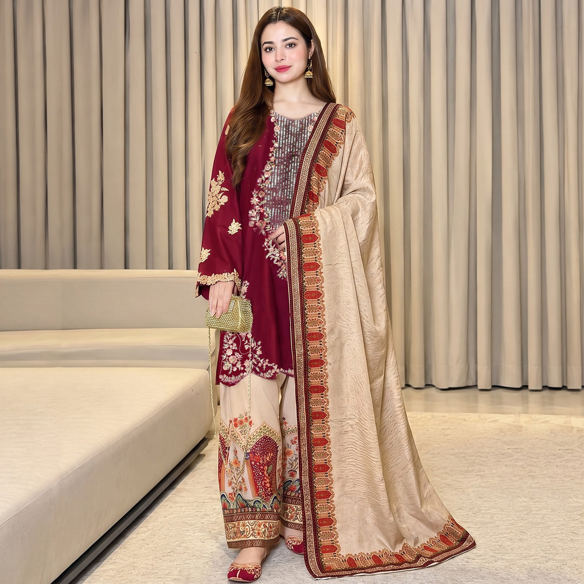ETHNIC-3PC SILK EMBROIDERED SHIRT WITH  PRINTED SILK TROUSER & DUPATTA (MEHROON)