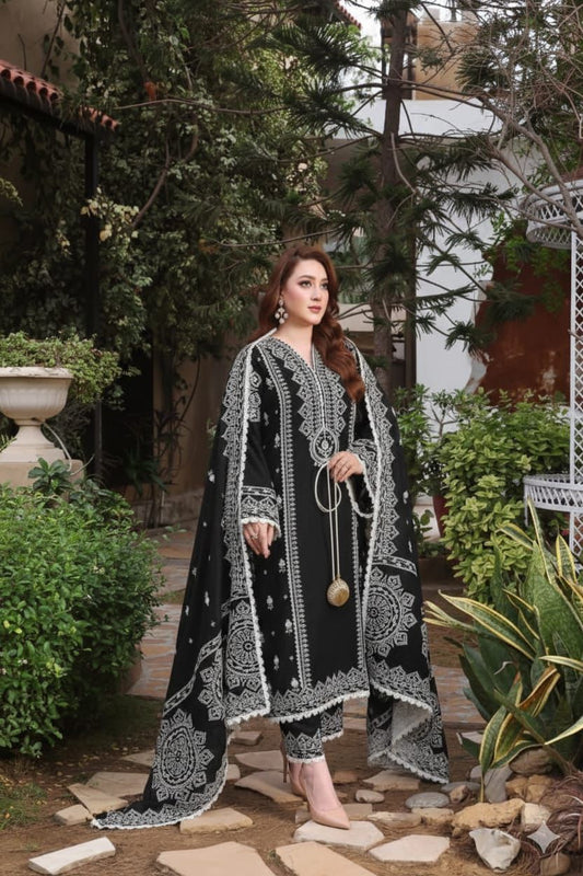 ANEELA's 3-PIECE LAWN EMBROIDERED SUIT WITH PRINTED MONARK DUPATTA & TROUSER